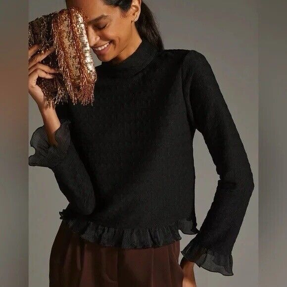 Anthropologie Blue Tassel Top Black Ruffle Turtleneck Pull Over M - Picture 1 of 10